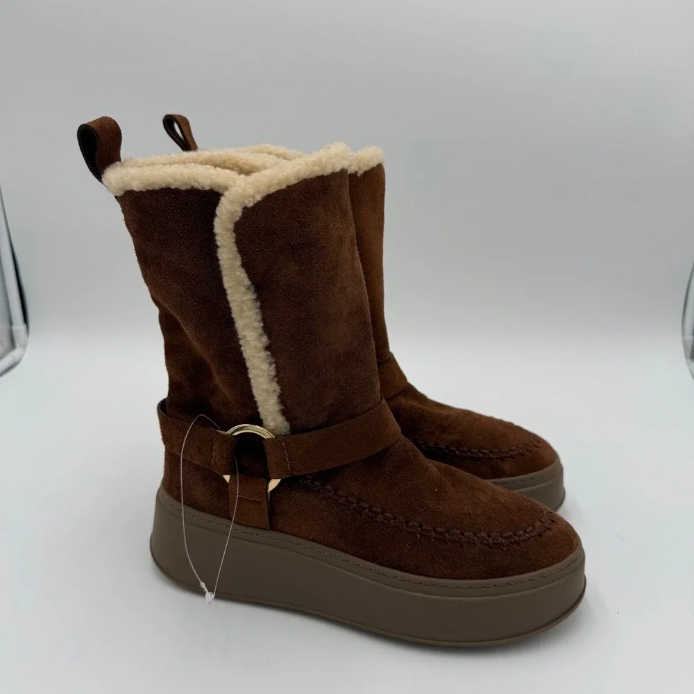 NWOT Odissi Suki Suede Harness Winter Booties Shearling Lined Platform Boots 8.5